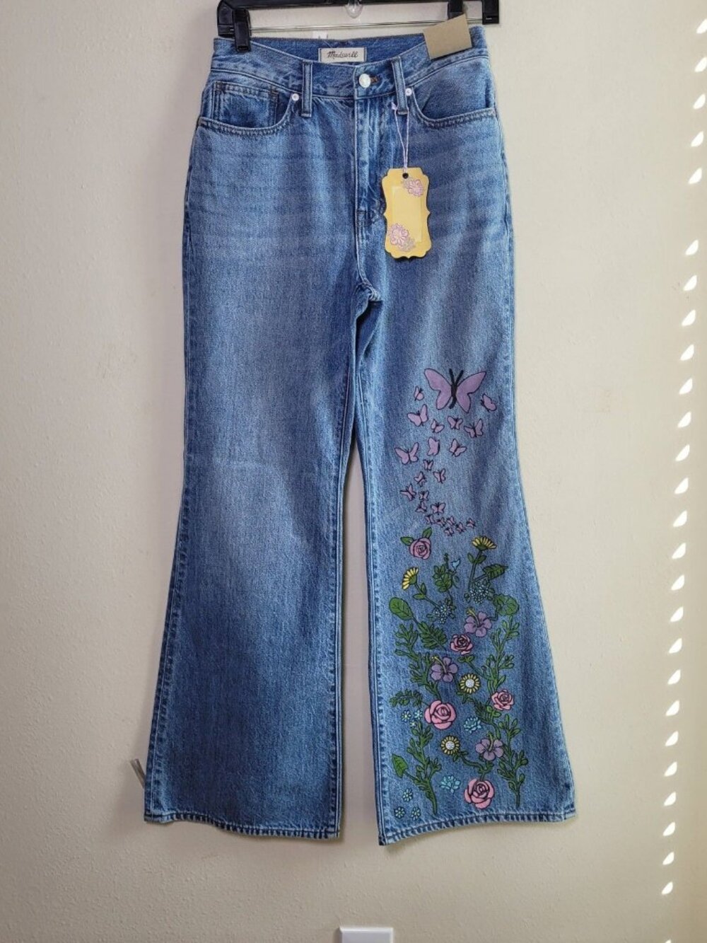 NEW Madewell Baggy Flare Jeans Blue High Rise W26 Painted Flowers Boho Hippie
